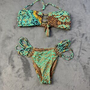 Miss Bikini Luxe Bikini Womens Large Beaded Bandeau Strappy Swim Set